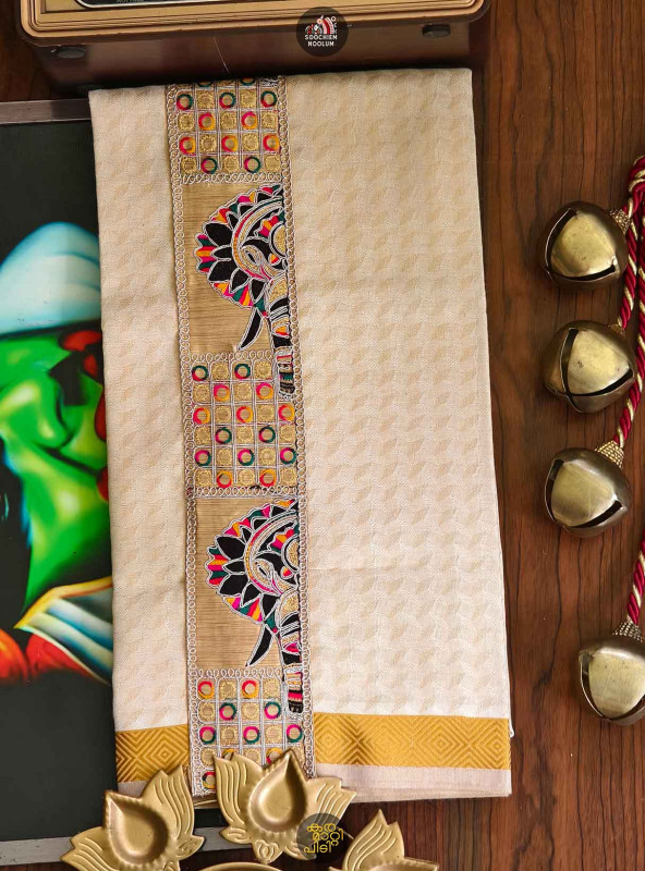Multi Colour Embroidery Jacquard Golden Kasavu Tissue premium Single Dhoti