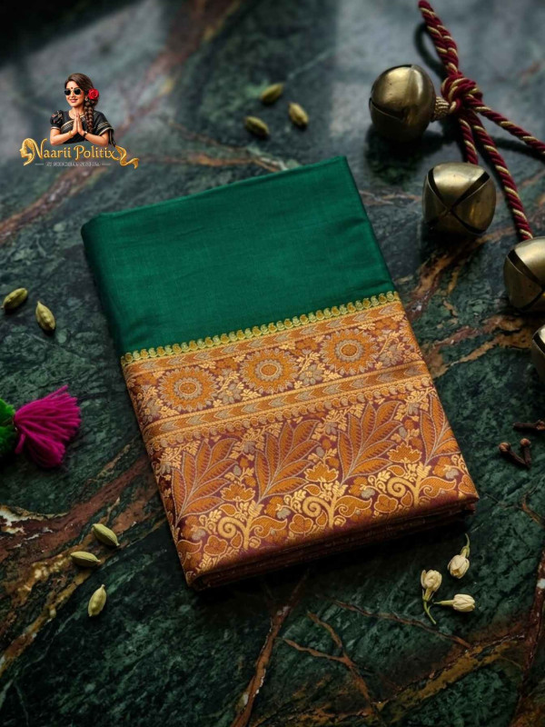 Butter Silk Saree in Green and Copper -Gold [SAREE000036]