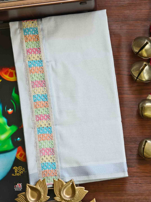 Multi Colour Embroidery Silver Kasavu Tissue Premium Single Dhoti