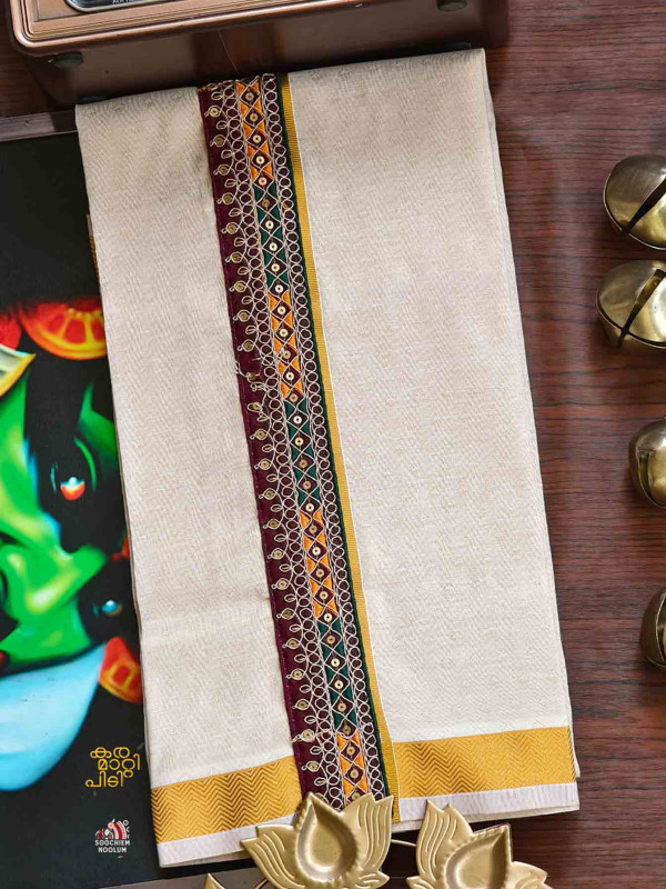 Multi Colour Embroidery Jacquard Gold Kasavu Tissue Premium Single Dhoti