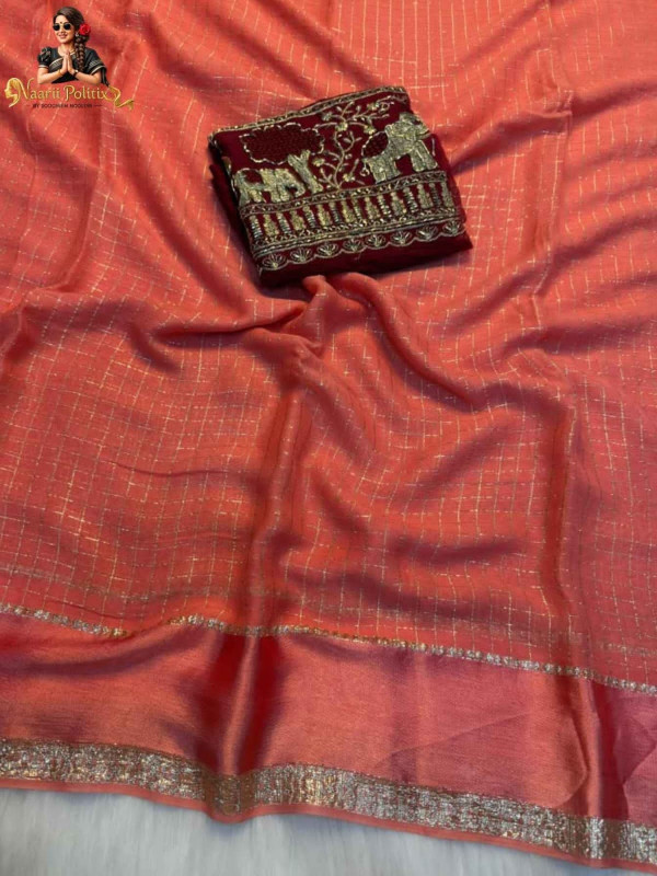 Pure Viscose Georgette saree with weaving chex and satin border - Orange [SAREE0000175]