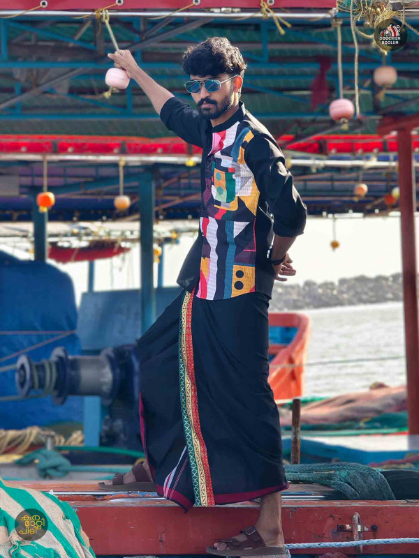 Black Premium Designer Half Patch Shirt+ Single Cotton Dhotie Combo[COMBO00051]