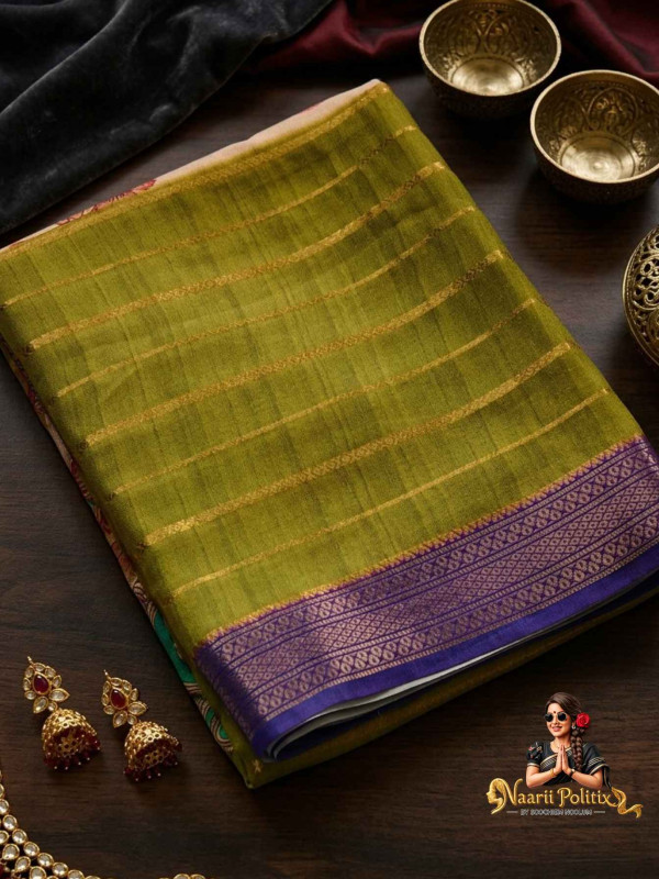 Semi Crape Silk With Kalamkari print - Olive Green [SAREE000056]