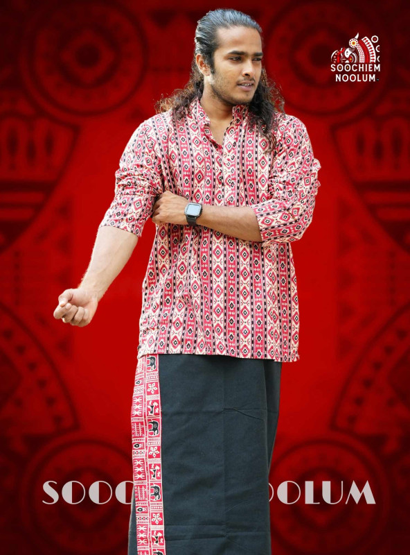 Red Stripped Designer Short Kurta + Black Premium Single Dhoti [Clearance Sale][KURTACOMBO00042]