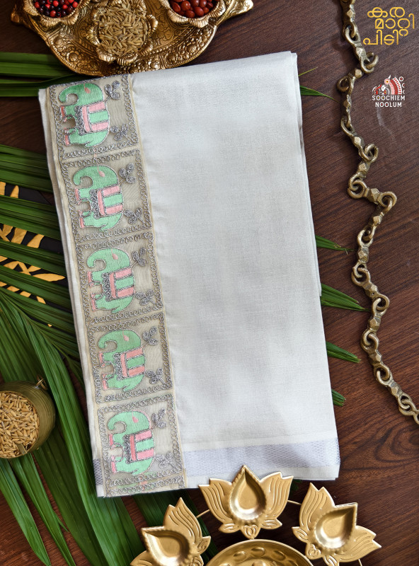 Elephant Silver Kasavu Tissue Premium Single Dhoti