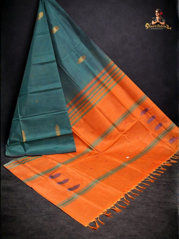 Vegan Silk Saree - Teal green with Bright orange[SAREE0000244]