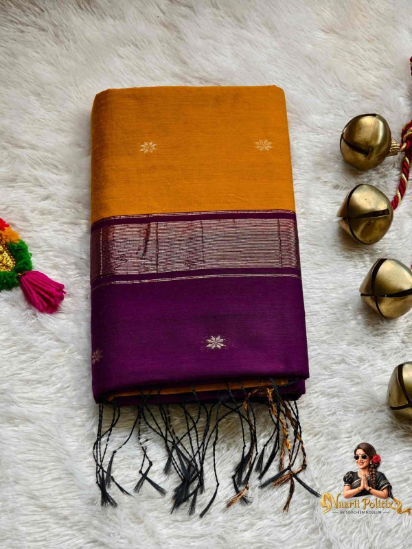 Maheswari Silk Cotton Saree - Turmeric Yellow Body Purple Pallu [SAREE00005]