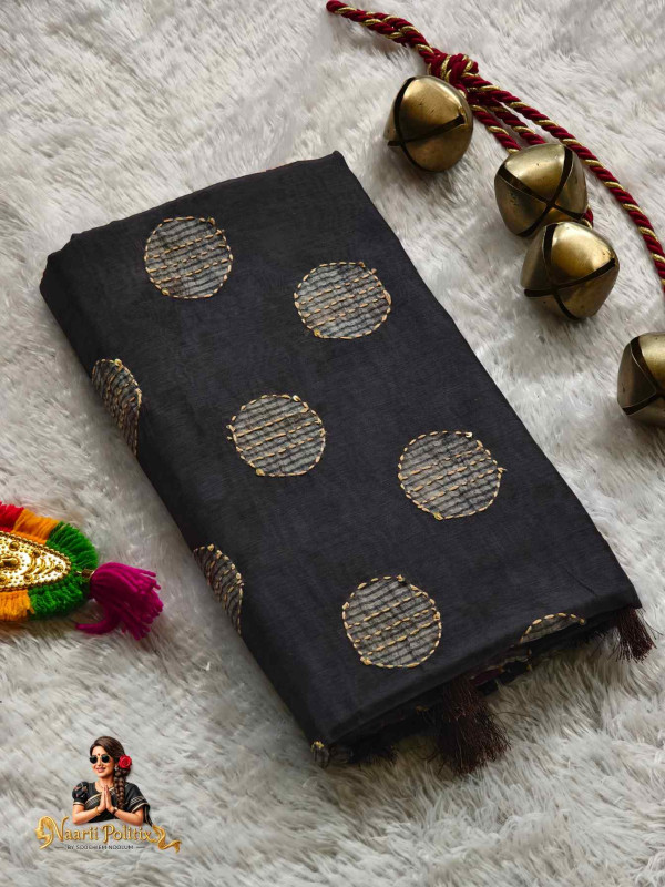 Soft chanderi cotton with Kantha stitch work - Charcoal Black [SAREE000072]