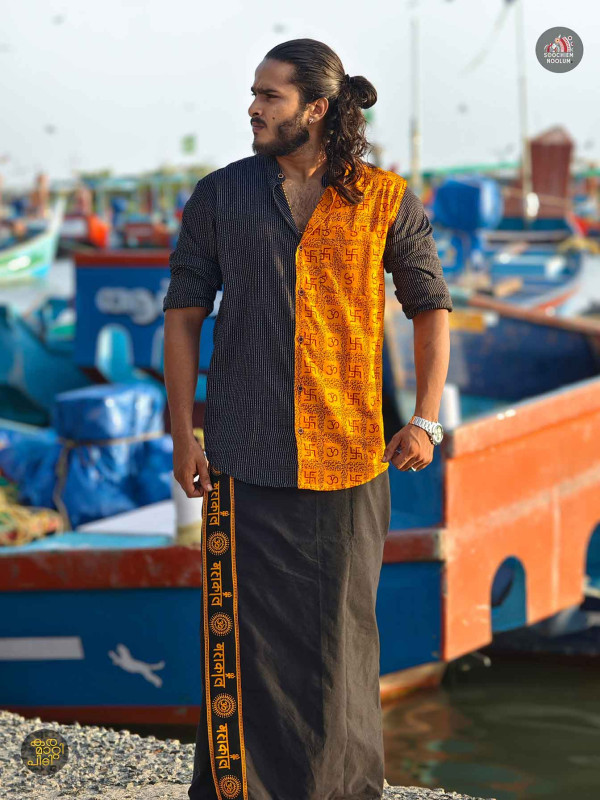 Black Om Designer Half Patch Shirt+ Single Cotton Dhotie Combo[COMBO00059]