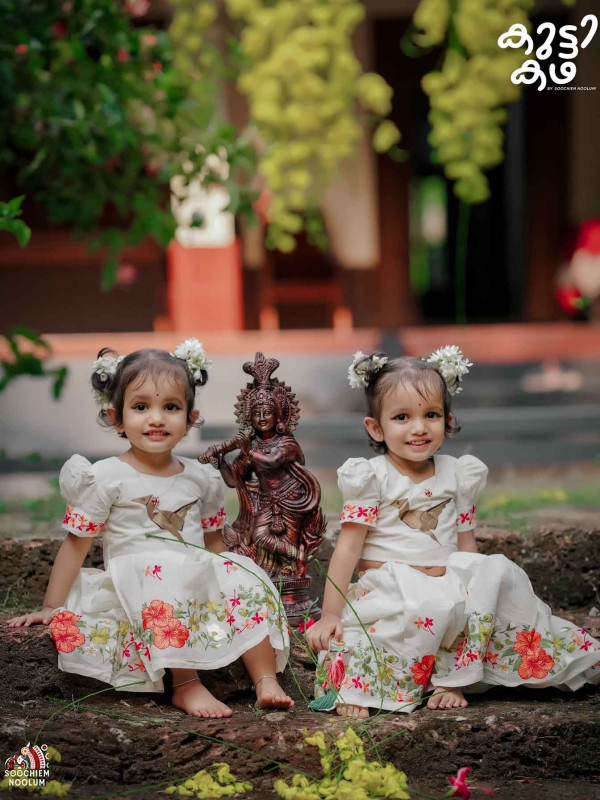 OLAKKILI -  Embroidery Floral  Ivory Blouse with Skirt with Parrot[SKIRTOP00010]