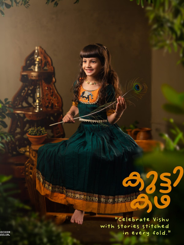 Avani - Designer Narayanpet Skirt and Top- Zari Embroidered Elephant- Green and Mustard Yellow [SKIRTOP00022]
