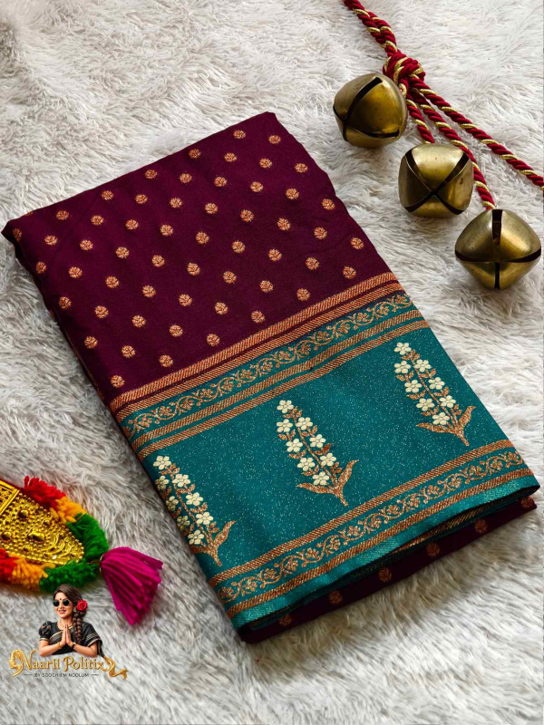 Pure Banarasi Crepe Silk Royal Wine and Teal Blue[SAREE000044]