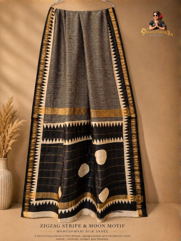 ZIGZAG STRIPE & MOON MOTIF MAHESHWARI SILK COTTON SAREE - BLACK