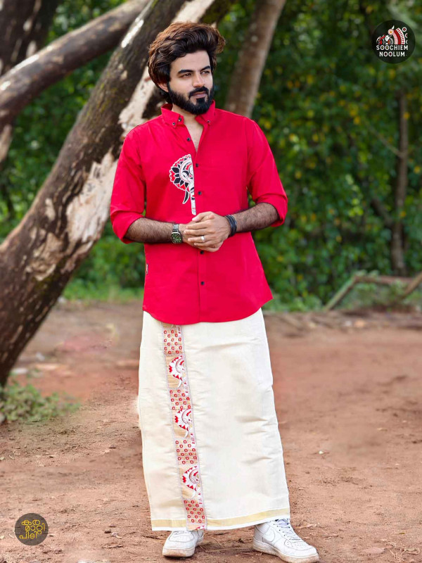 Red Elephant Embroidery Half Patch Shirt+ Double Golden kasavu Dhotie Combo[COMBO000219]