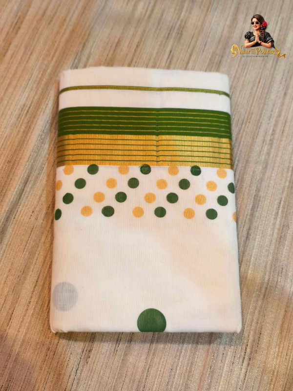 Hand Block Polka Cotton Kasavu Saree - Green and Gold [SAREE0000102]