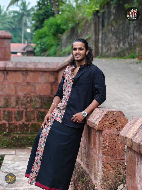 Black Premium Designer Half patch shirt  + Single Cotton Dhoti Combo [COMBO000227]