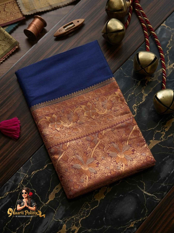Butter Silk Saree in Royal Blue and Copper -Gold [SAREE000035]
