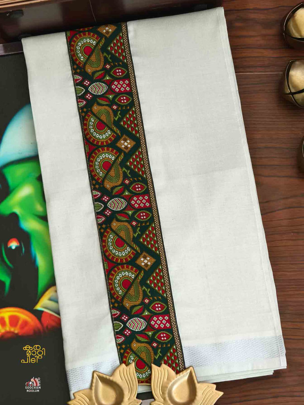 Multi Colour Embroidery Silver Kasavu Single Dhoti