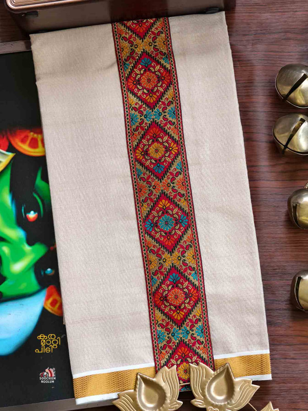 Multi Colour Embroidery  Gold Kasavu Tissue Premium Single Dhoti