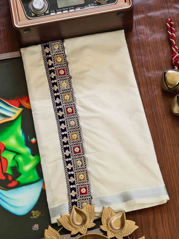 Multi Colour Embroidery Gold Kasavu Premium Double Dhoti