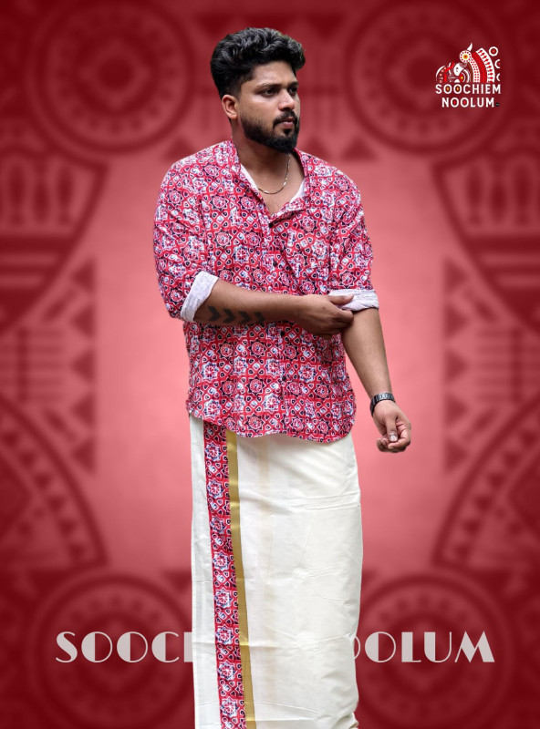 Premium Designer velvet Shirt+Double kasavu Dhoti Combo[COMBO000189]