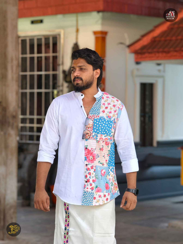 White Premium Designer Half Patch Shirt+ Single kasavu Dhotie Combo[COMBO00072]