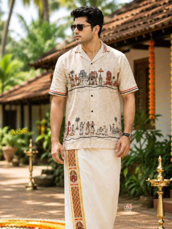 PRE BOOK ONLY SHIPPING AFTER 7 WORKING DAYS-ONAM SPECIAL PREMIUM DESIGNER SHIRT IVORY -  GOLDEN COTTON KASAVU DOUBLE DHOTI COMBO