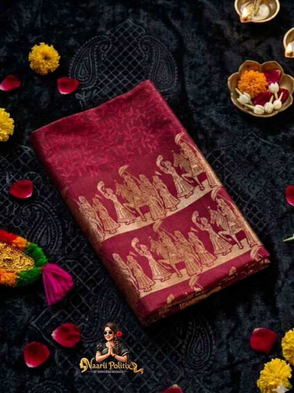 Mysore Dussehra Themed Semi Silk Saree Deep Maroon and Magenta With Antique Gold [SAREE000040]