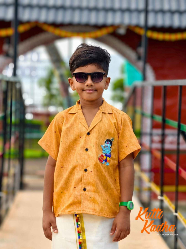 Sreekrishna Beaded Patch Orange shirt For Kids [KSHIRT00030]