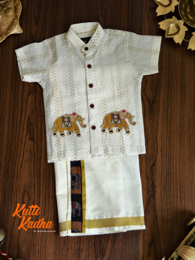 Kids Elephant Patch Shirt Double Dhoti Combo