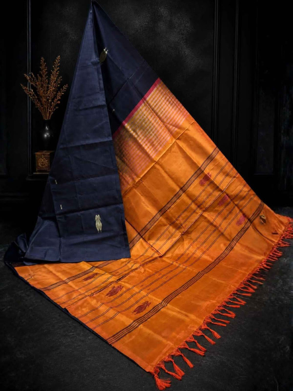 Vegan Silk Saree - Navy blue with Orange [SAREE0000250]