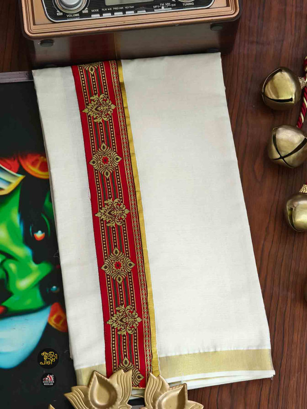 Multi Colour Embroidery Gold Kasavu Premium Double Dhoti