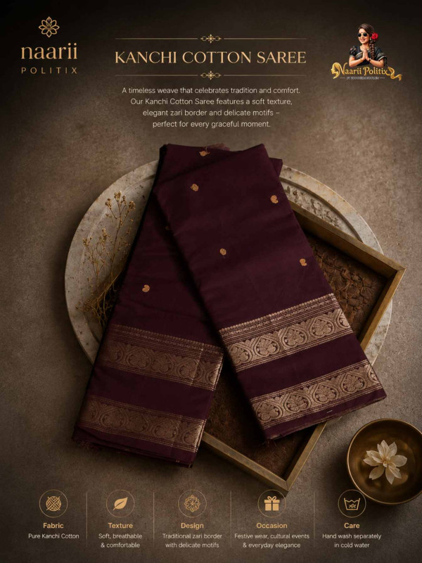 Premium Kanchi Cotton Saree - Deep Maroon