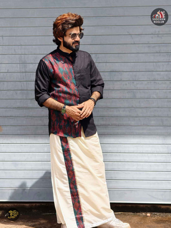 Black Premium Designer Half Patch Shirt+ Double kasavu Dhotie Combo[COMBO00073]