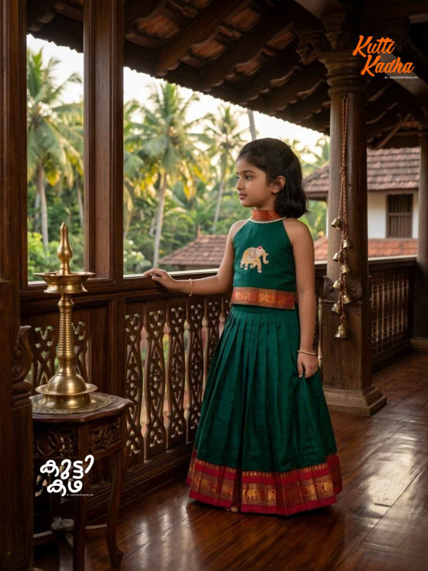 Isha - Designer Narayanpet Skirt and Top- Zari Embroidered Elephant -  Green and Maroon [SKIRTOP00018]