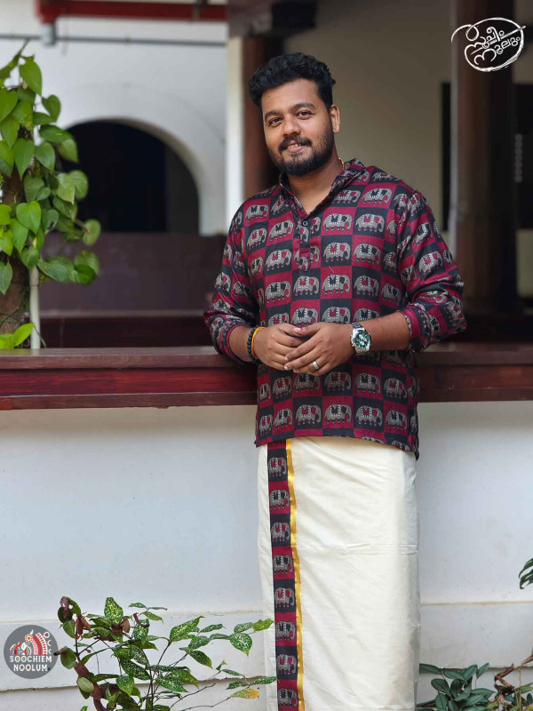 Red & Black Elephant Premium Designer Kurta + Golden Kasavu Double Dhothi Combo[KURTACOMBO00029]