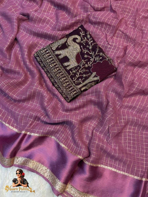 Pure Viscose Georgette saree with weaving chex and satin border - Pink [SAREE0000174]