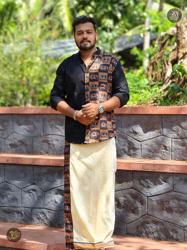 Black Designer Elephant Patch Shirt+ Single Cotton Dhotie Combo[COMBO00095]