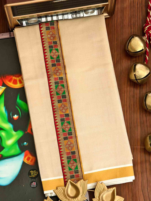 Multi Colour Embroidery  Gold Kasavu Tissue Premium Single Dhoti