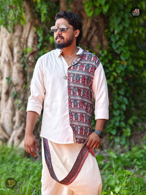 Off White Premium Designer Half Patch Shirt+ Single Cotton Dhotie Combo[COMBO00069]