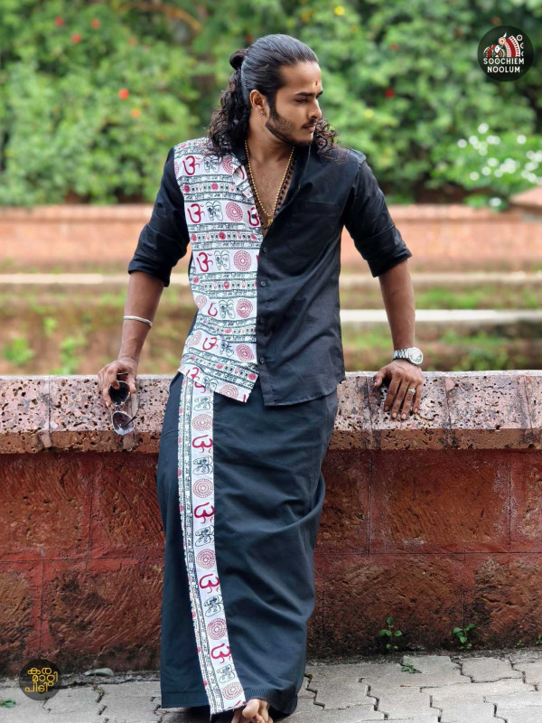 Black Om Premium Designer Half patch shirt  + Single Cotton Dhoti Combo [COMBO000228]
