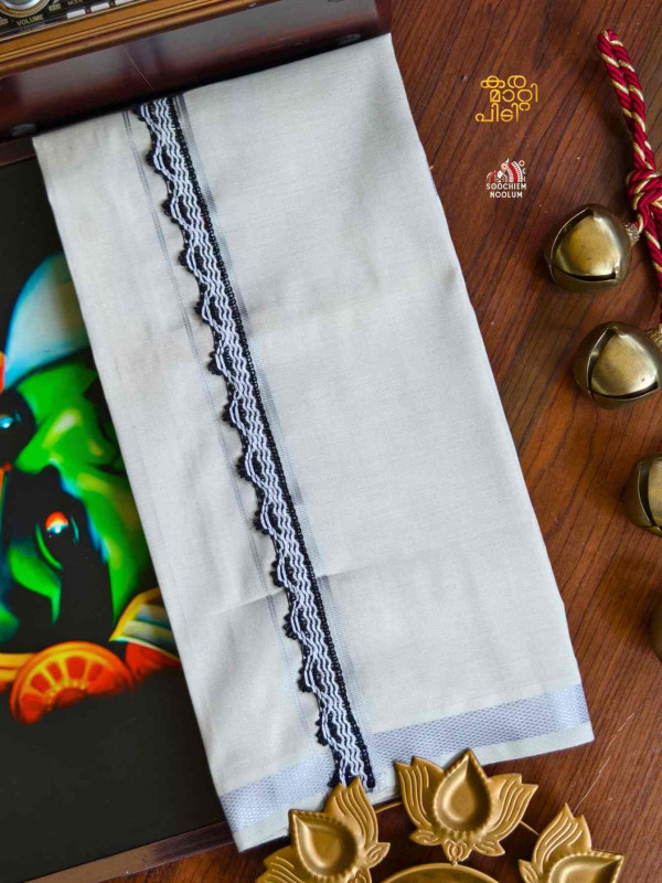 Tissue Silver Kasavu Colour Full Embroidery Designer Premium Single Dhoti[SINGLE000160]