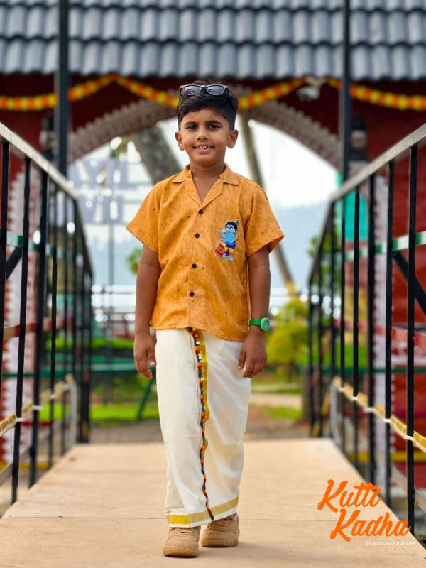 Sreekrishna Beaded Patch Orange Shirt+ Dhoti Combo For Kids[KCOMBO00027]