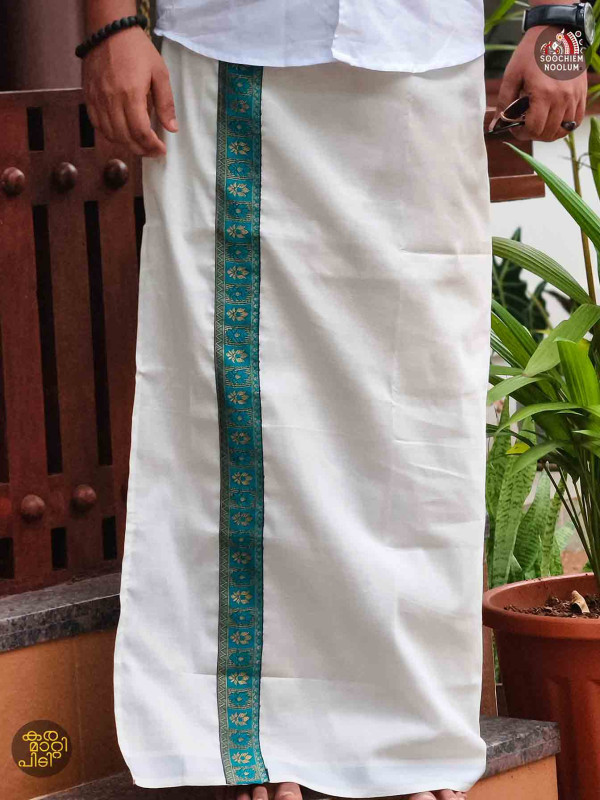 Multi Colour Embroidery Silver Kasavu Tissue Premium Single Dhoti