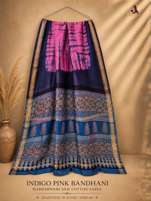 Indigo Pink Bandhani Maheshwari Silk Cotton saree  [SAREE0000276]