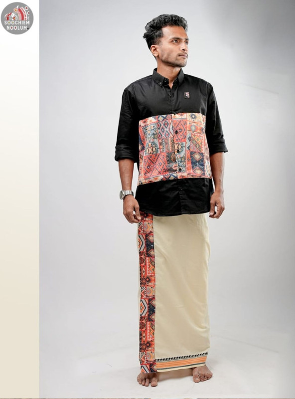 Black Premium Designer Center Patch Shirt + Single Dhothi Combo[COMBO000199]
