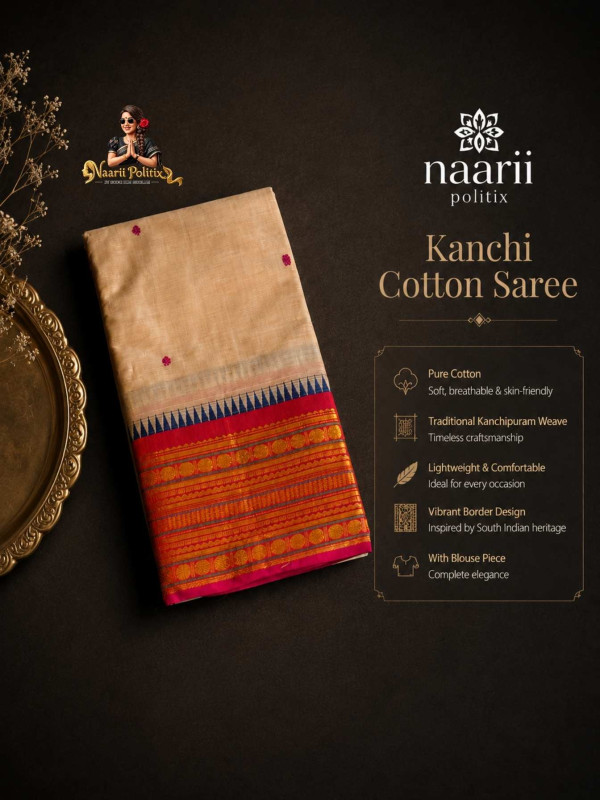 Premium Kanchi Cotton Saree - Soft Beige