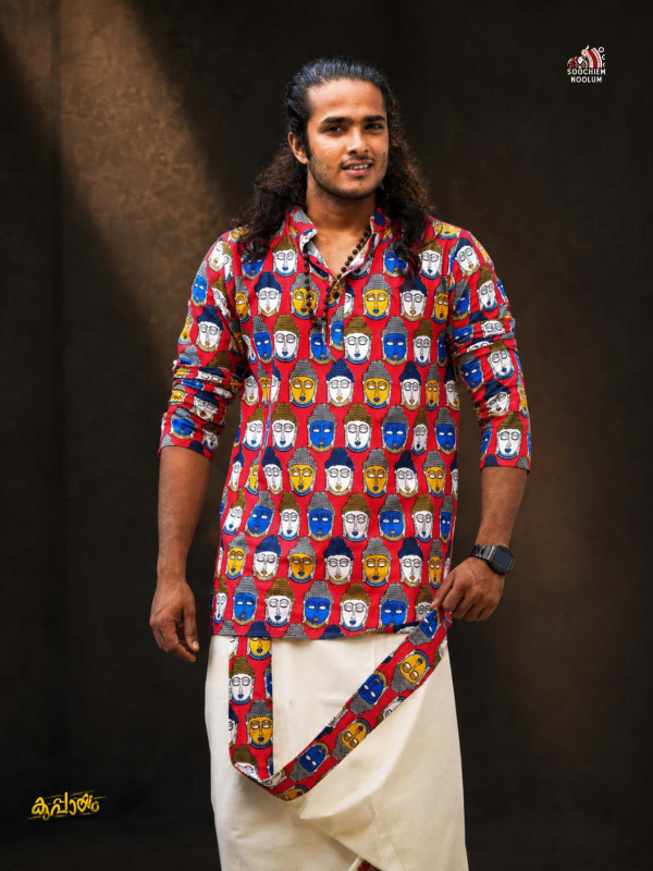 RED PREMIUM BUDDHA DESIGNER KURTA+ OFF WHITE PREMIUM SINGLE DHOTI  [CLEARANCE SALE]
