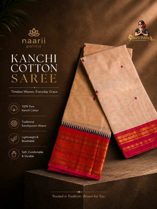 Premium Kanchi Cotton Saree - Soft Beige