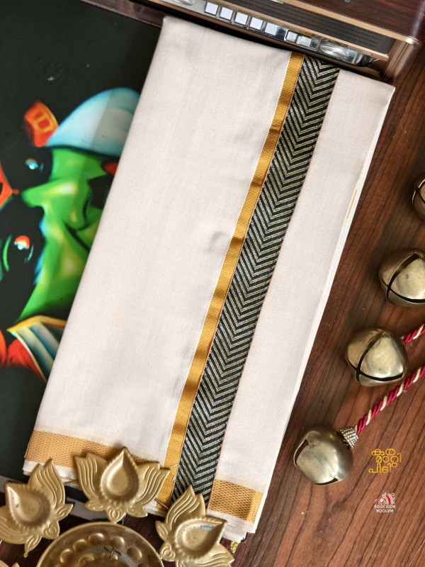 Tissue Golden Kasavu Colour Full Embroidery Designer Premium Single Dhoti[SINGLE000151]